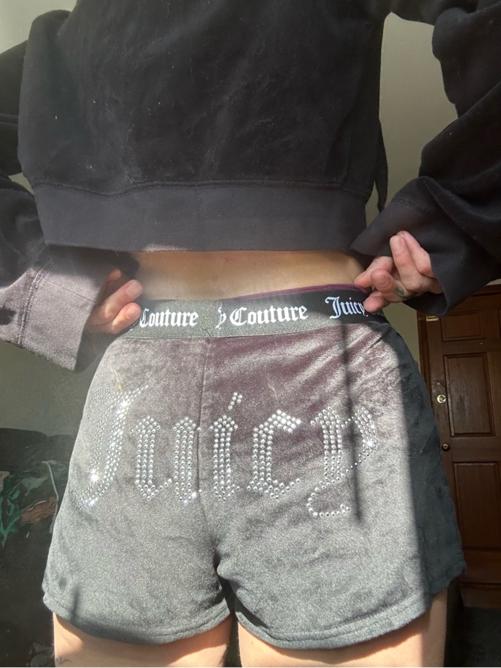 Crushed Velvet Juicy Couture Boxing Zip up Hoodie and Rhinestoned Mini Shorts